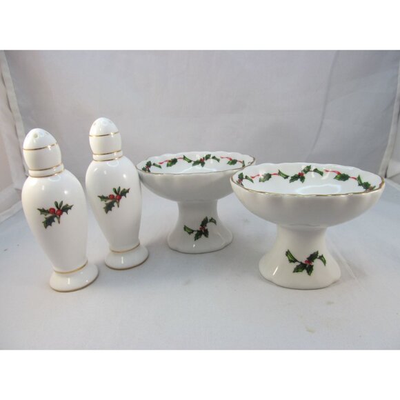 Lefton China Holly Salt Pepper Shakers and 2 Pedestal Candy Nut Dish Set - Picture 10 of 11